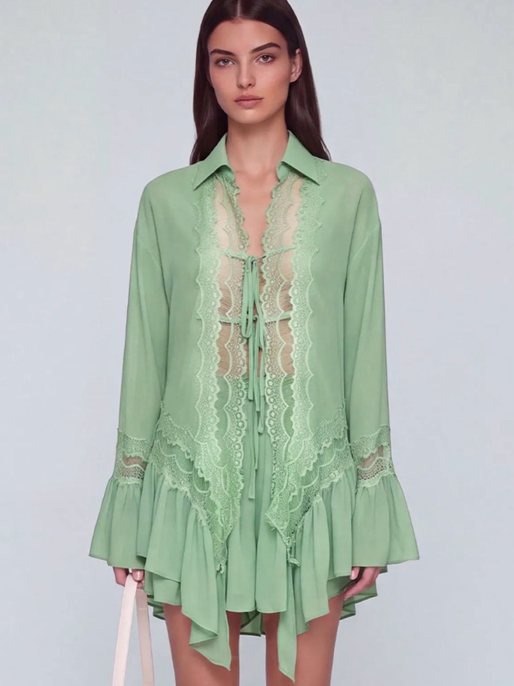 Innovare Denim Henrik Sage Green Lace Tie-Up Ruffle Shorts Set S